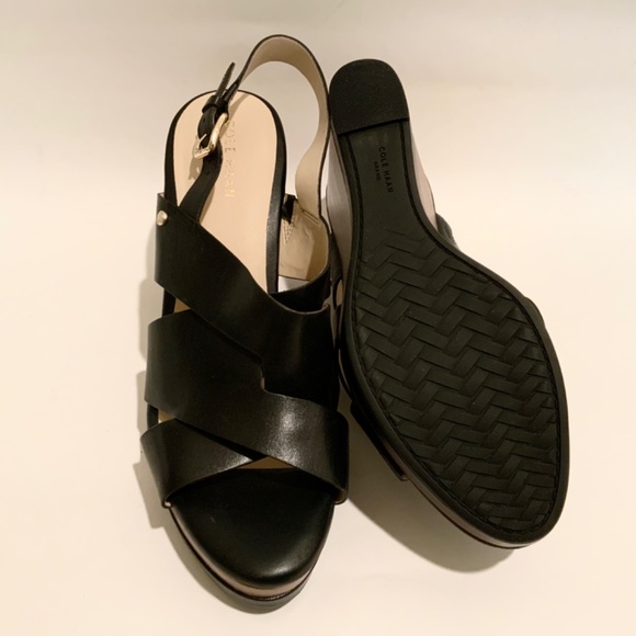 Cole Haan Womens Laci Black Platform Wedge Sandals Leather Slingback Heels 9.5 - Picture 13 of 13